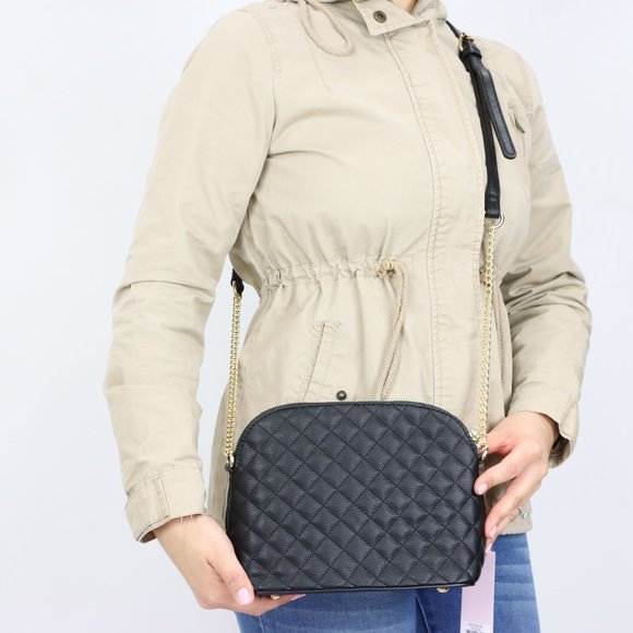 Black Quilted Faux Leather Purse Chain Strap Cross Body Shoulder Bag - Picture 5 of 7